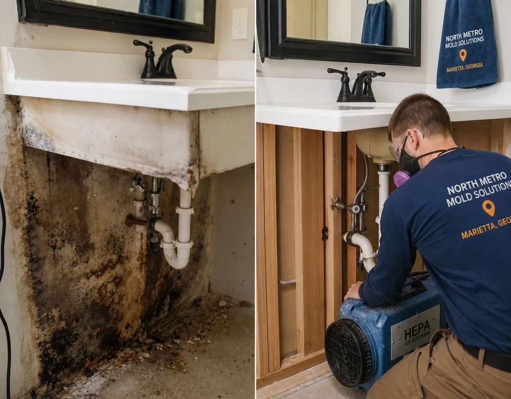 Before-and-after bathroom wall showing staining and clean exposed framing after remediation
