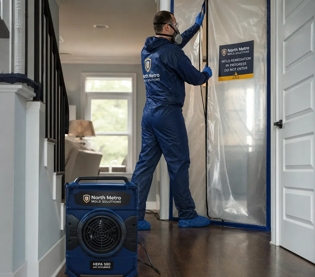 Technician setting up plastic containment and a HEPA air scrubber in a Marietta home hallway
