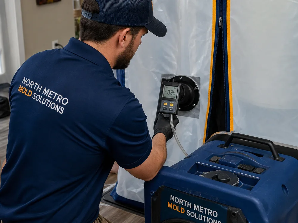 Negative air machine vented through a plastic containment wall with a pressure indicator