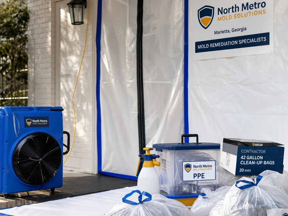 Decontamination area with sealed debris bags, PPE, and a running air scrubber